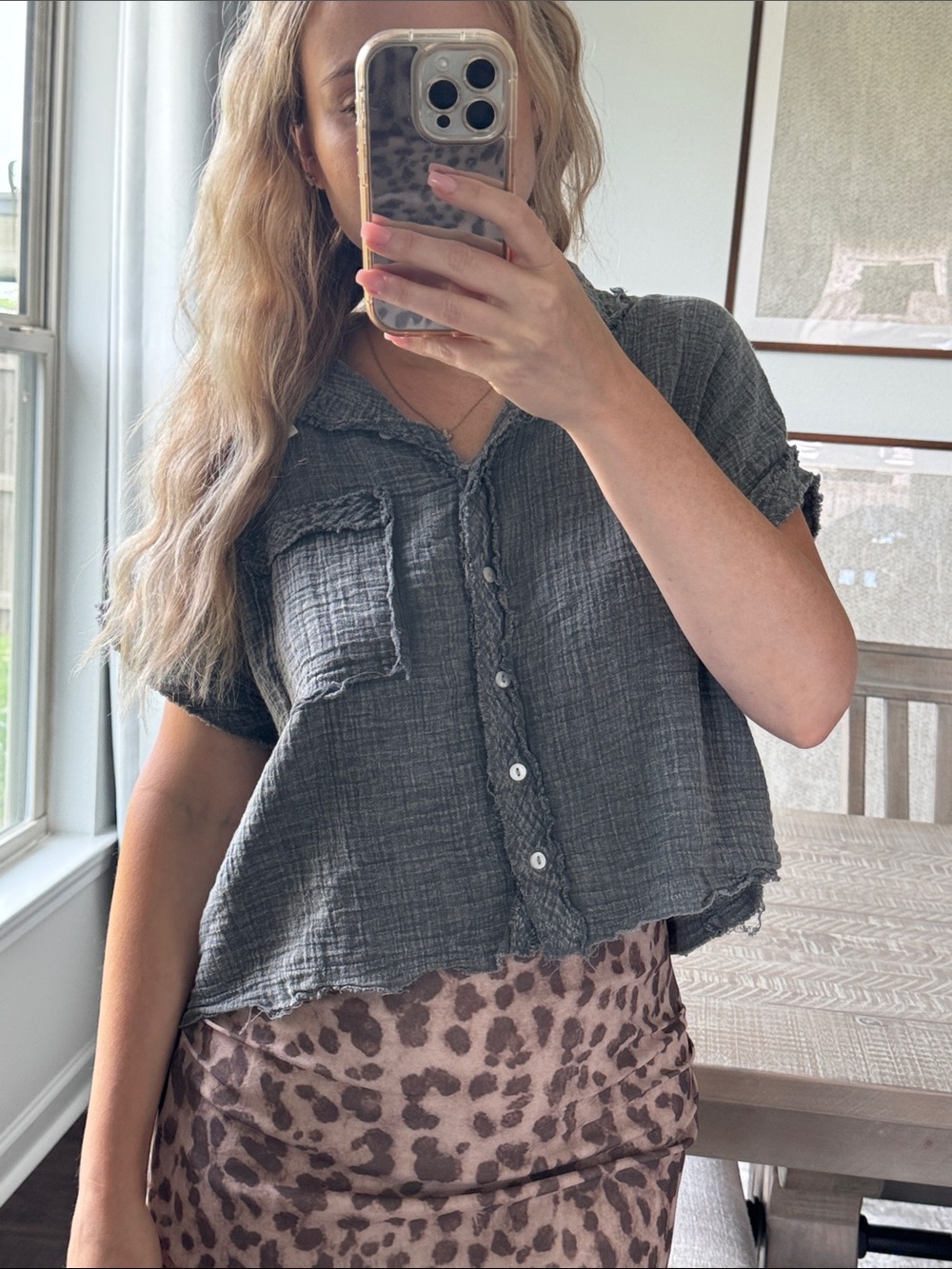 Grey Textured Frayed Gray Short Sleeve Button-Up Women's Top